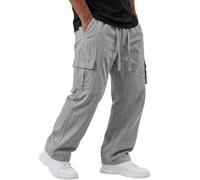 Pantalon cargo en lin pour homme - Coupe ample - Léger - Taille élastique - Cordon de serrage - Pantalon décontracté en lin avec poches pour la plage et les voyages, gris foncé, XL