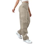Pantalon cargo femme avec poches - Pantalon de travail à taille haute - Pantalon de jogging élastique - Pantalon de randonnée - Coupe large - Jambe droite - Pantalon de loisirs confortable - Pantalon