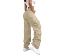 Pantalon Cargo Femme Taille Haute,DéContracté,Multi-Poches,éLastiqué,Style Combat,Streetwear,Grunge Et Boyfriend,IdéAl pour Le Travail,Le Jogging Et L’ExtéRieur (Khaki, XL)