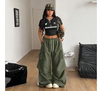 Pantalon cargo gris parachute à poches rabattables, taille réglable par cordon pour femmes en grande taille, style streetwear sport de base pour l'été 0XL,1XL,2XL,3XL,4XLLettresTissu tissé