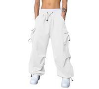 Pantalon Cargo Homme Baggy Décontracté Pantalon Cargo de Parachute - Coupe Ample - Hip Hop - Taille Elastique - Sarouel avec Poches Training Sportswear Randonnée (White, L)