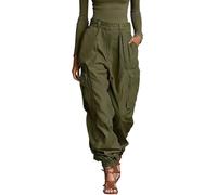 Pantalon cargo large pour femme, extensible, taille haute, poches cargo