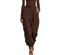 Pantalon cargo large pour femme, extensible, taille haute, poches cargo