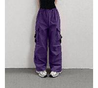 Pantalon cargo plissé à taille élastique de couleur unie pour préadolescentes 7Y,8Y,9Y,10Y,11Y,12Y,13YUnicolorePolyester
