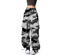 Pantalon cargo pour femme - Imprimé camouflage rétro - Coupe droite - Coupe ample - Jambe large - Style militaire vintage, 02# Noir, S