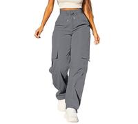 Pantalon cargo pour femme - Taille haute - Jambe large - Pantalon d'exercice - Taille très élastique - Cordon de serrage - Avec plusieurs poches - Léger et décontracté, gris foncé, L