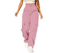 Pantalon cargo pour femme - Taille haute - Jambe large - Pantalon d'exercice - Taille très élastique - Cordon de serrage - Avec plusieurs poches - Léger et décontracté, rose, M