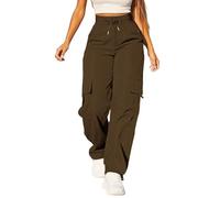 Pantalon cargo pour femme - Taille haute - Jambe large - Pantalon d'exercice - Taille très élastique - Cordon de serrage - Avec plusieurs poches - Léger et décontracté, marron, L