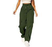Pantalon cargo pour femme - Taille haute - Jambe large - Pantalon d'exercice - Taille très élastique - Cordon de serrage - Avec plusieurs poches - Léger et décontracté, Vert, XL