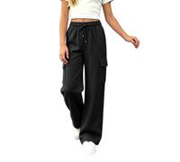 Pantalon cargo pour fille - Jambe large - Taille élastique - Décontracté - Léger - Séchage rapide - Avec plusieurs poches - Extensible - Danse - Sport - Usage quotidien, Noir , 9-10 ans