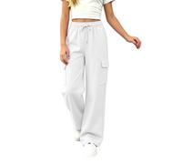 Pantalon cargo pour fille - Jambe large - Taille élastique - Décontracté - Léger - Séchage rapide - Avec plusieurs poches - Extensible - Danse - Sport - Usage quotidien, blanc, 11-12 ans