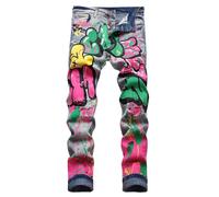Pantalon cargo stretch pour homme - Couleur contrastée - Imprimé patchwork - Jambe droite - Pantalon punk denim - Pantalon élastique - Pantalon de loisirs - Multicolore - Pantacourt - Hip Hop