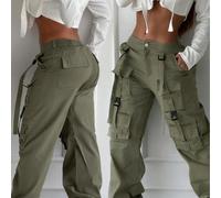 Pantalon cargo vert armée avec poches, boutons et lien, style décontracté élégant Y2K, coupe ample à jambes larges droites, doux, confortable et léger, pantalon long pour femmes, retour à l'école, fêt