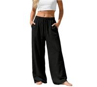 Pantalon chic Femme été Léger Large Pantalons Chic Elegant avec Poches Grande Taille Linen Pants Women de Plage en mode Fluide Décontracté Blanc Mode Vêtements Confortable Ample Jogging Palazzo