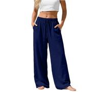Pantalon chic Femme été Léger Large Pantalons Chic Elegant avec Poches Grande Taille Linen Pants Women de Plage en mode Fluide Décontracté Blanc Mode Vêtements Confortable Ample Jogging Palazzo