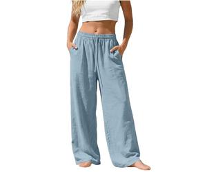 Pantalon chic Femme été Léger Large Pantalons Chic Elegant avec Poches Grande Taille Linen Pants Women de Plage en mode Fluide Décontracté Blanc Mode Vêtements Confortable Ample Jogging Palazzo