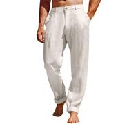 Pantalon chino en lin pour homme, coupe ample, décontracté, taille élastique, pour vacances, plage, marche, léger avec poches, blanc, M