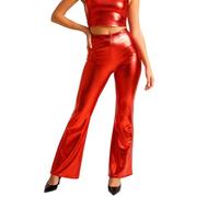 Pantalon clochette pour femme métallisé, taille haute, similicuir élastique, Flare Disco années 70, Fiesta Club, legging brillant, taille élastique, jambe évasée, danse, rock, carnaval, nuit, rouge, S