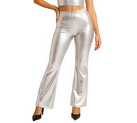 Pantalon clochette pour femme métallisé, taille haute, similicuir élastique, Flare Disco années 70, Fiesta Club, legging brillant, taille élastique, jambe évasée, danse, rock, carnaval, nuit, argent