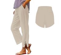 Pantalon Coton Lin Femme, Pantalons Fluide Femme Sarouel été Léger Décontractés Mode Pantacourt Confortable Rétro Pants Chic Elegant Taille Elastique Sport Jogging Baggy Yoga avec Poches