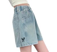 Pantalon court en jean pour filles avec nœud papillon mignon, denim graphique, taille élastique, taille haute, jambe droite, bermuda Y2K, pantalon tendance à l'esthétique décontractée, bleu, 13-14 ans