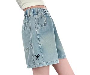 Pantalon court en jean pour filles avec nœud papillon mignon, denim graphique, taille élastique, taille haute, jambe droite, bermuda Y2K, pantalon tendance à l'esthétique décontractée, bleu, 13-14 ans