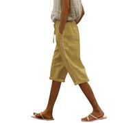 Pantalon court en lin pour femme - Pantalon capri 3/4 avec cordon de serrage et taille élastique - Pantalon court d'été léger avec poches - Pantalon de plage décontracté, jaune, S