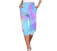 Pantalon court fuselé pour femme - Short d'entraînement tie-dye 3/4 - Pantalon de jogging d'été - Capris de sport léger - Capris de yoga à revers - Pantacourt 3/4 avec cordon de serrage, violet, XL