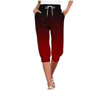 Pantalon court fuselé pour femme - Short d'entraînement tie-dye 3/4 - Pantalon de jogging d'été - Capris de sport léger - Capris de yoga à revers - Pantacourt 3/4 avec cordon de serrage, bordeaux, XXL