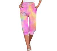 Pantalon court fuselé pour femme - Short d'entraînement tie-dye 3/4 - Pantalon de jogging d'été - Capris de sport léger - Capris de yoga à revers - Pantacourt 3/4 avec cordon de serrage, rose vif, XXL