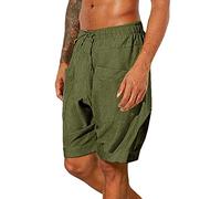 Pantalon court pour homme en lin d'été lin coton pantalon court Bermuda décontracté confortable pour homme de sport élastique à la taille Bermuda avec poches hawaïennes légères short de plage, vert