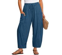 Pantalon court rayé en coton et lin pour femme avec cordon de serrage à la taille élastique et jambes larges, pantalon sarouel décontracté d'été surdimensionné ample avec poches pour femme, vacances