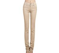 Pantalon Crayon décontracté pour Femme Pantalon boutonné Taille mi-Haute avec Poches Pantalon de détente Ample en Coton Coupe Slim (Abricot,34)