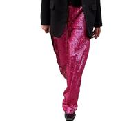 Pantalon de banlieue décontracté taille élastique mi-haute droite jambe large pantalon long avec paillettes brillantes style uni pour femme, rose rouge, S