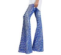 Pantalon de basket-ball pour femme - Noir - Paillettes - Avec jambes larges - Mode brillant - Taille haute - Pantalon évasé - Danse disco - Pantalon long pour fête - Pantalon streetwear - Coupe