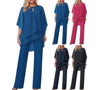 Pantalon de costume élégant pour femme - 2 pièces - En mousseline de soie - Tenue formelle - Pour bal de fin d'année, soirée - Pantalon deux pièces - Grande taille - Tenues de mère de la mariée