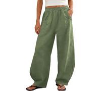 Pantalon de Coton Femme Jambes Larges Fluide Taille Haute Jogging Elastique Décontractés Bas Couleur Unie Chic et Elegant Palazzo Pants avec Poches Été Décontractés Ample