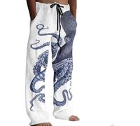 Pantalon de détente imprimé de style japonais pour homme - Motif pieuvre - Jambe droite - Taille élastique - Pantalon décontracté traditionnel Sashiko Art - Pantalon en lin mélangé, blanc, XXL