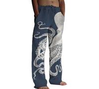 Pantalon de détente imprimé de style japonais pour homme - Motif pieuvre - Jambe droite - Taille élastique - Pantalon décontracté traditionnel Sashiko Art - Pantalon en lin mélangé, bleu, L