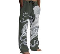 Pantalon de détente imprimé de style japonais pour homme - Motif pieuvre - Jambe droite - Taille élastique - Pantalon décontracté traditionnel Sashiko Art - Pantalon en lin mélangé, Vert, L