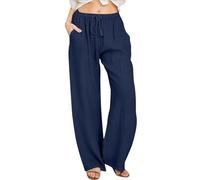 Pantalon de grossesse élastique pour femme - Taille haute - Cordon de serrage - Jambe large - Pantalon de yoga Palazzo - Avec chaîne, Marine, XXL