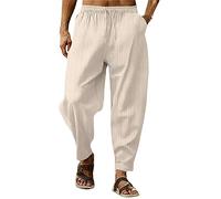 Pantalon de jogging 2025 pour homme, coupe droite, pour l'hiver, style hip-hop, respirant, en coton et lin, rayé, décontracté, pour l'intérieur, beige, S