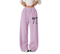Pantalon de jogging ample avec nœud pour filles - Jambe large - Jambe droite - Pantalon de sport élastique taille haute - Cordon de serrage - Pantalon d'école - Poches, violet, 4-5 ans