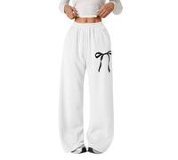 Pantalon de jogging ample avec nœud pour filles - Jambe large - Jambe droite - Pantalon de sport élastique taille haute - Cordon de serrage - Pantalon d'école - Poches, blanc, 5-6 ans