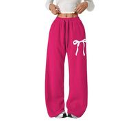 Pantalon de jogging ample avec nœud pour filles - Jambe large - Jambe droite - Pantalon de sport élastique taille haute - Cordon de serrage - Pantalon d'école - Poches, rose vif, 4-5 ans