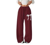 Pantalon de jogging ample avec nœud pour filles - Jambe large - Jambe droite - Pantalon de sport élastique taille haute - Cordon de serrage - Pantalon d'école - Poches, bordeaux, 9-10 ans