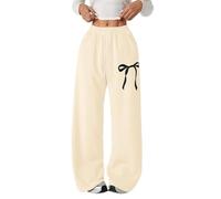 Pantalon de jogging ample avec nœud pour filles - Jambe large - Jambe droite - Pantalon de sport élastique taille haute - Cordon de serrage - Pantalon d'école - Poches, beige, 9-10 ans