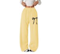 Pantalon de jogging ample avec nœud pour filles - Jambe large - Jambe droite - Pantalon de sport élastique taille haute - Cordon de serrage - Pantalon d'école - Poches, jaune clair, 6-7 ans