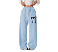 Pantalon de jogging ample avec nœud pour filles - Jambe large - Jambe droite - Pantalon de sport élastique taille haute - Cordon de serrage - Pantalon d'école - Poches, bleu clair, 7-8 ans