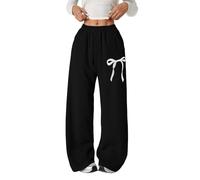 Pantalon de jogging ample avec nœud pour filles - Jambe large - Jambe droite - Pantalon de sport élastique taille haute - Cordon de serrage - Pantalon d'école - Poches, Noir , 13-14 ans